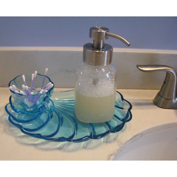 Hazel Atlas MCM Turquoise Blue Seashell Snack Set 4 Plates & Cups Retro Aqua Bea - Picture 3 of 12